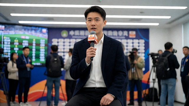 体育新闻发布现场记者在赛事结束后进行采访报道的场景