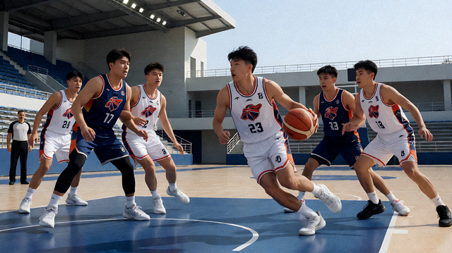 篮球馆内两支球队正在进行的正式比赛画面
